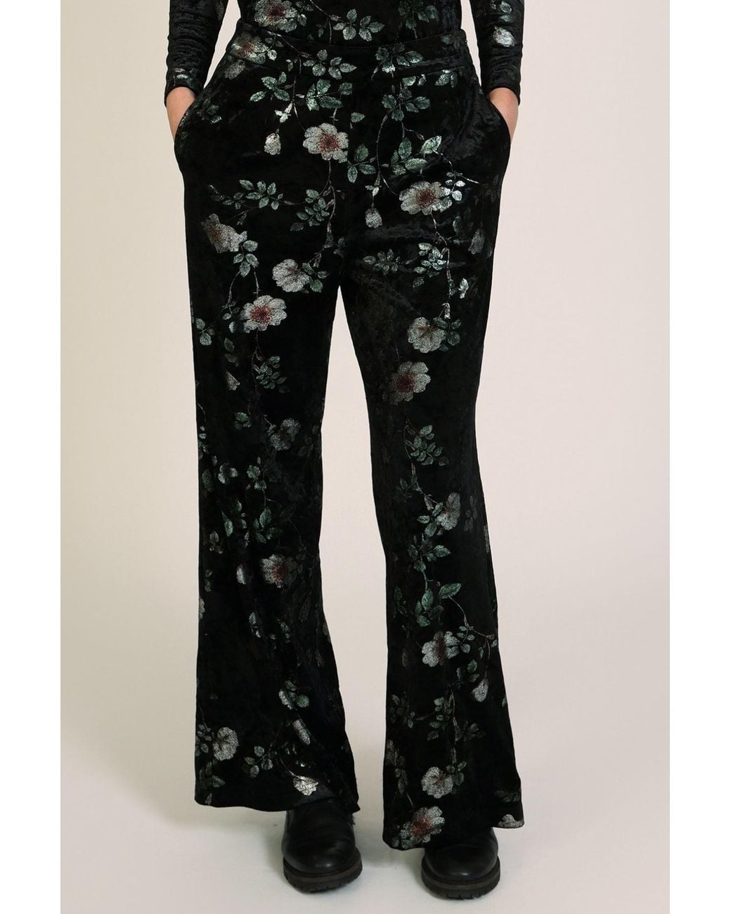Traffic People Black Swan Song Metallic Velvet Floral Edith Wide Leg Trousers