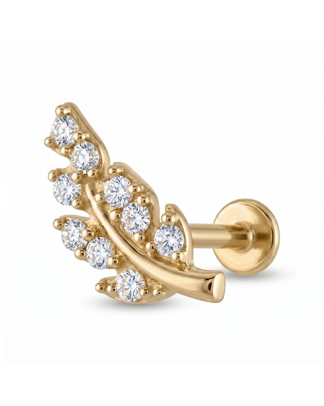 Zahav Jewelry Metallic 14K Solid 18G 8Mm Leaf Shaped Internally Threaded Flat Back Stud