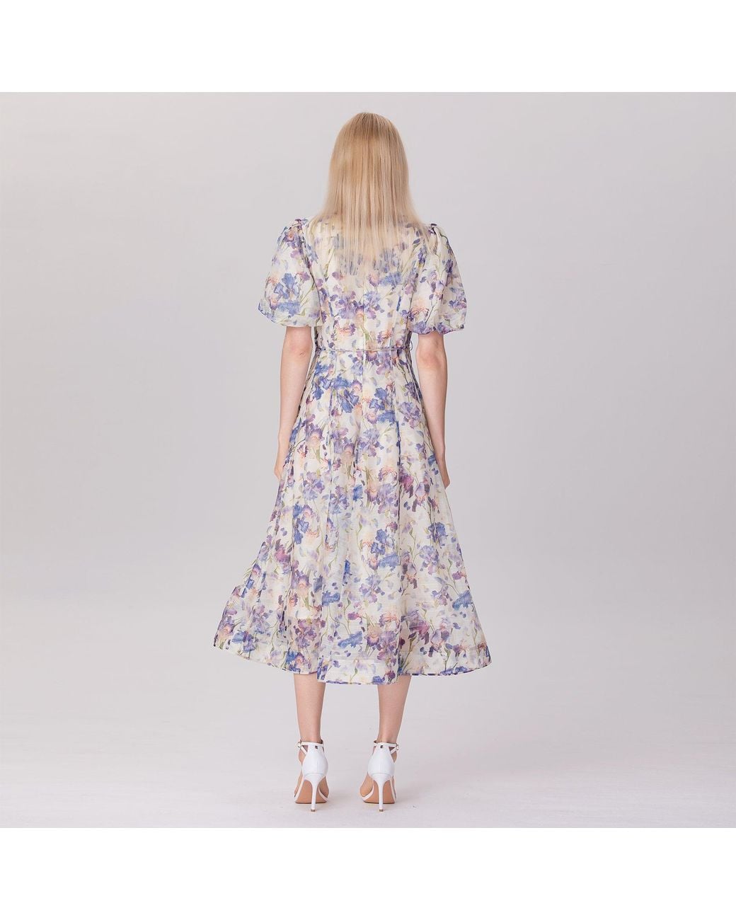 Smart and Joy Multicolor Neutrals Flower Print Fit-And-Flare Tea Organza Dress