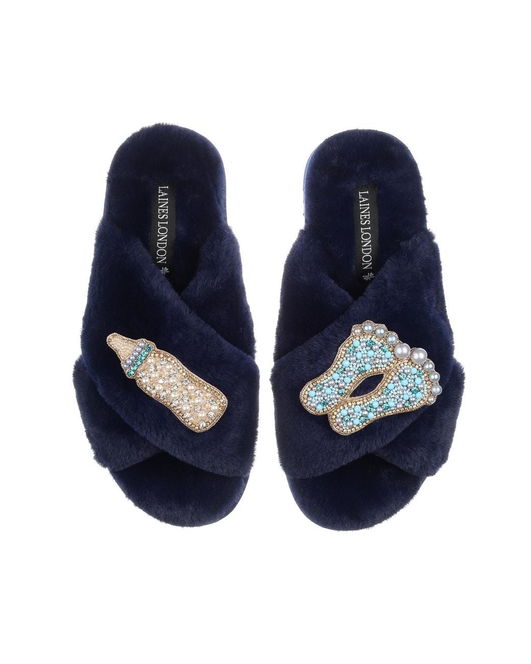 Laines London Blue Classic Laines Slippers With New Baby Boy Brooches