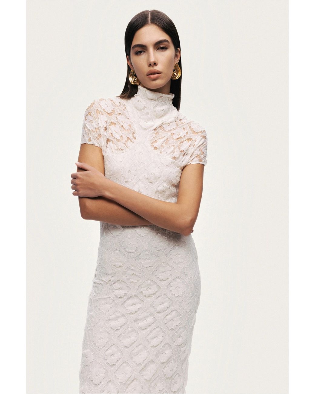 Nocturne White High-Neck Lace Maxi Dress