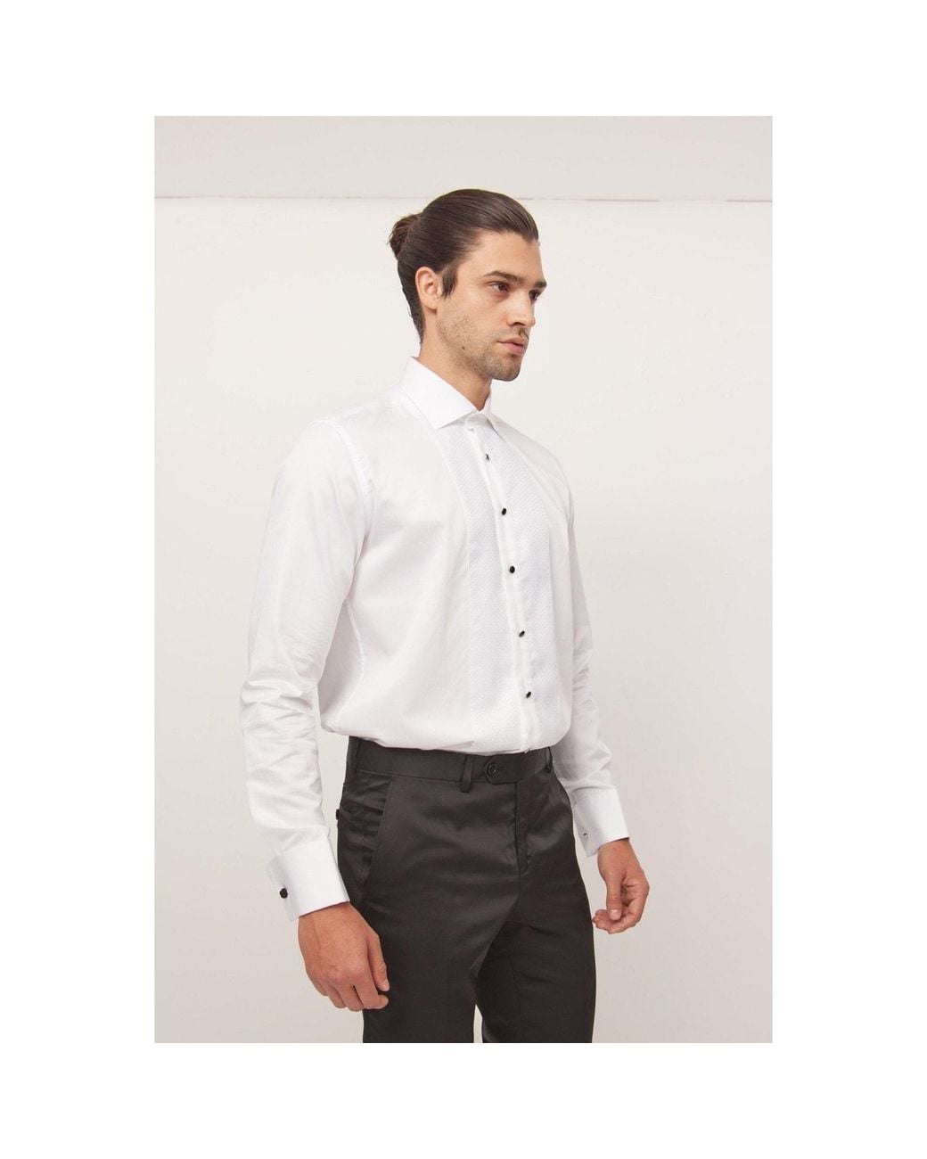 Ron Tomson White Lurex Paneled Spread Collar Shirt for men