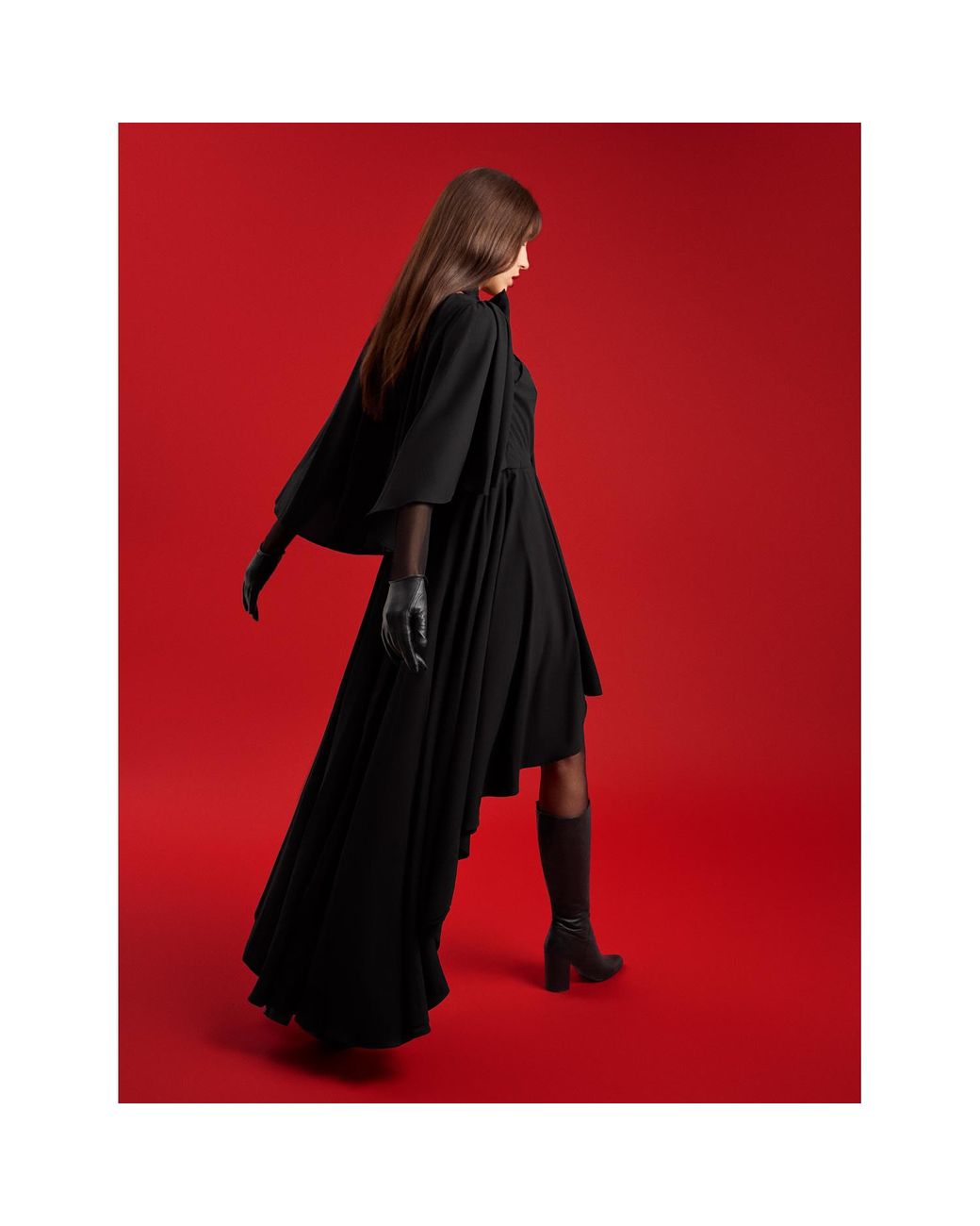 Femponiq Black Bow Tie Neck Cape Sleeve Maxi Dress