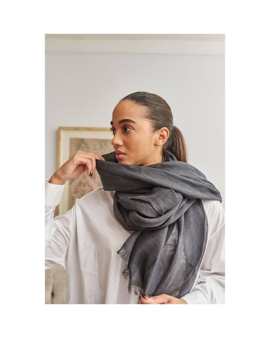 Variously Blue Charcoal Dark Hand Woven Soft Linen Silk Blend Scarf