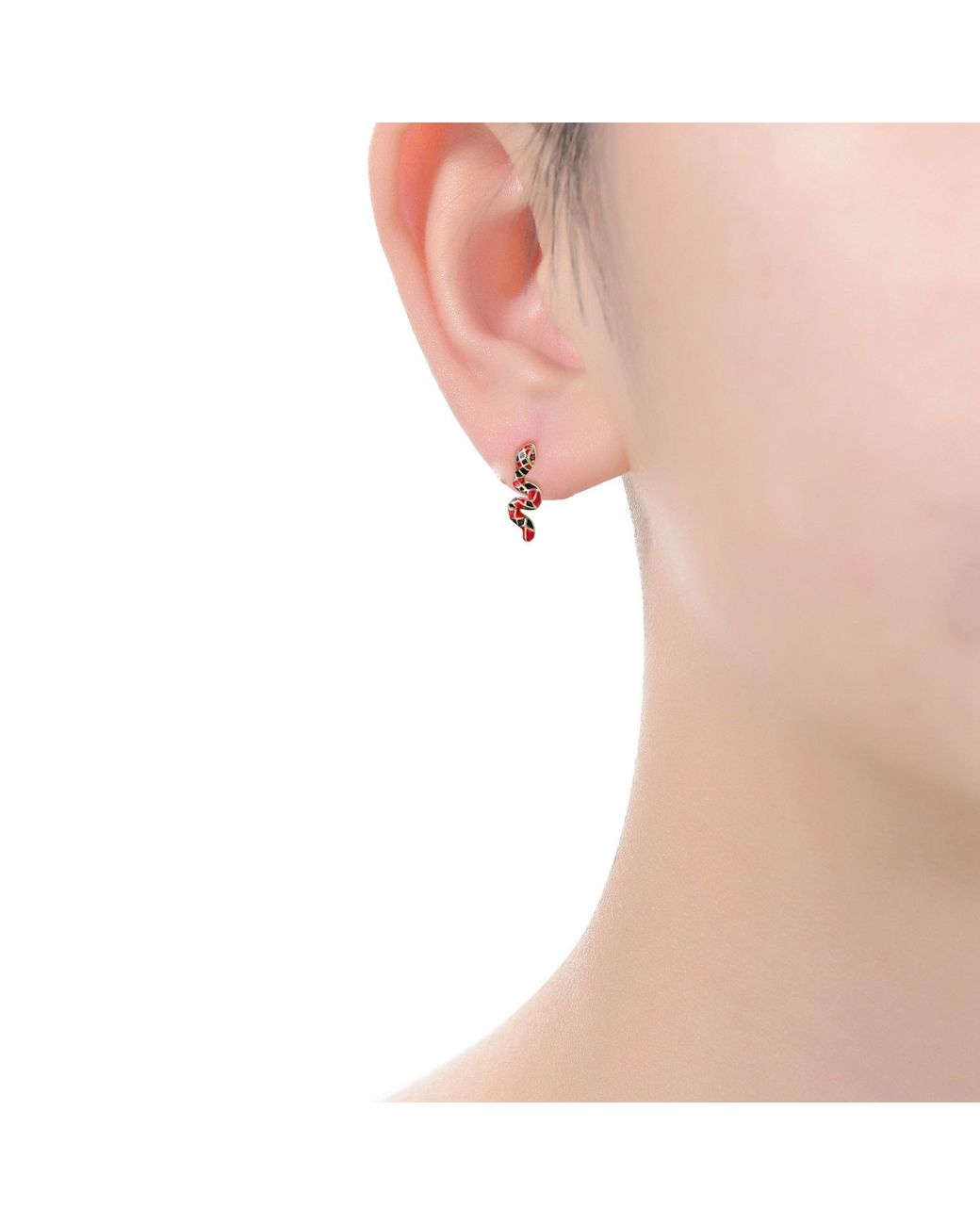 Genevive Jewelry Red Plated With Ruby Cubic Zirconia & Enamel Three-D Slithering Curling Snake Earrings