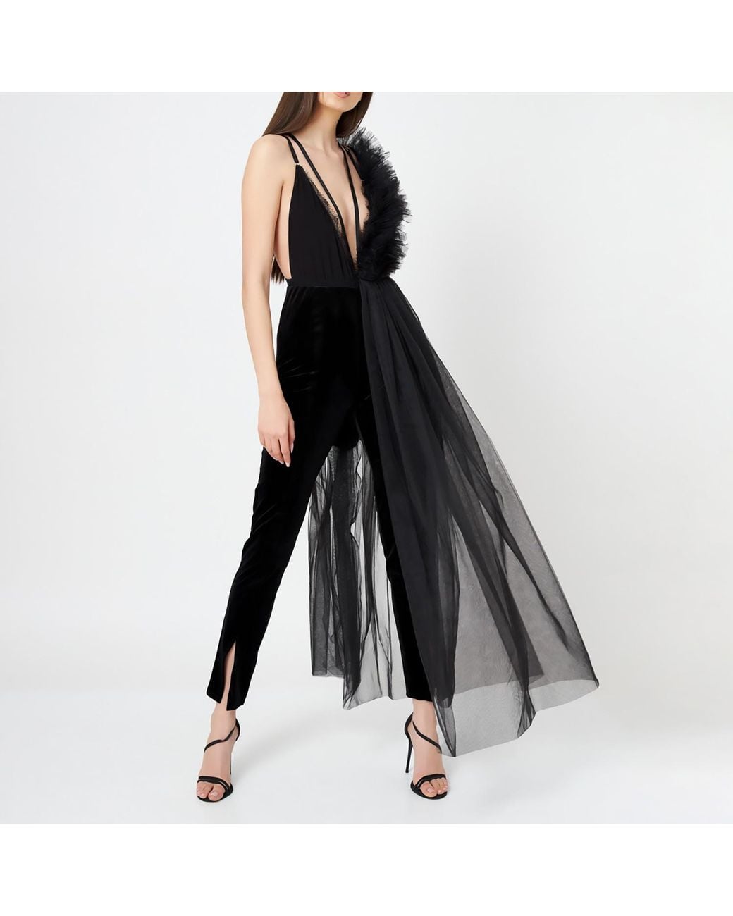 LIA ARAM Black Lace Deconstructed Ruffled Bodysuit