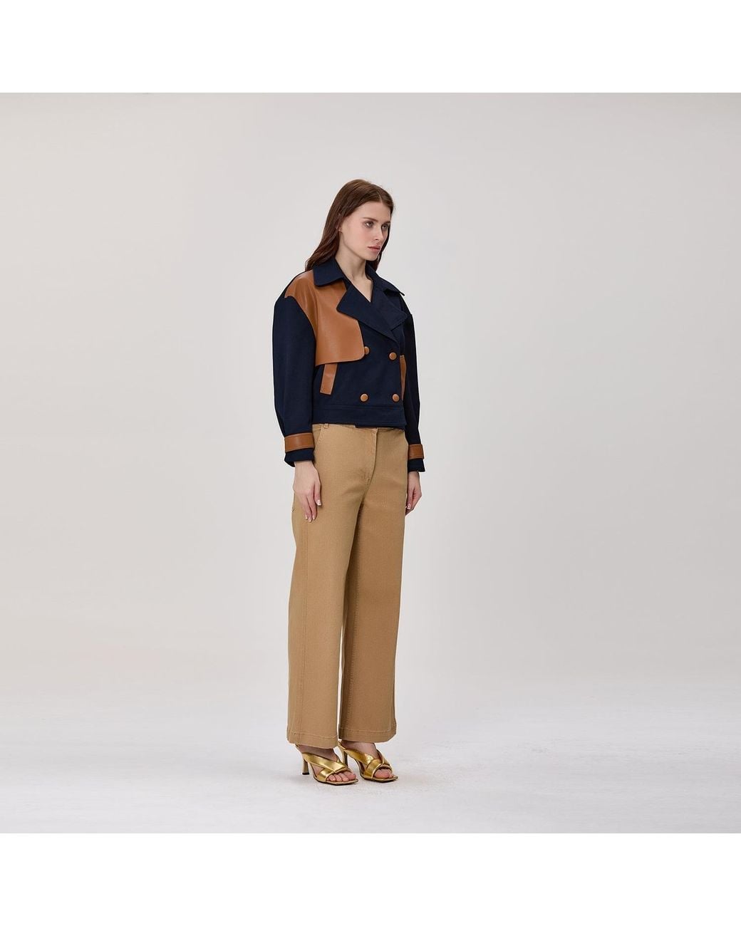 Smart and Joy Blue Short Double-Breasted Trench Coat With Contrasting Panels