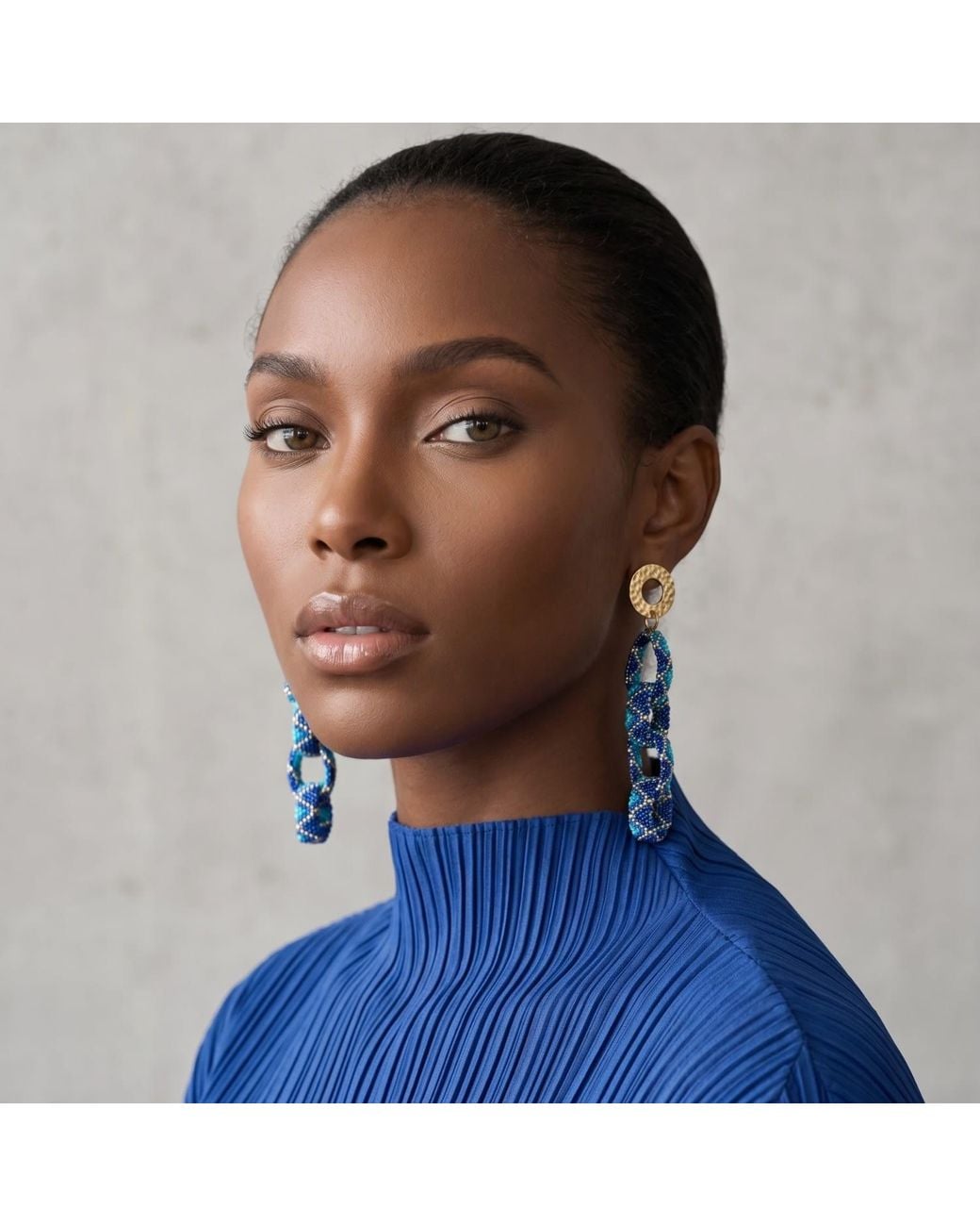 Iliana Arrazola Blue Bold Chunky Link, Dangle Earrings, Glass Beads, Beaded Jewelry