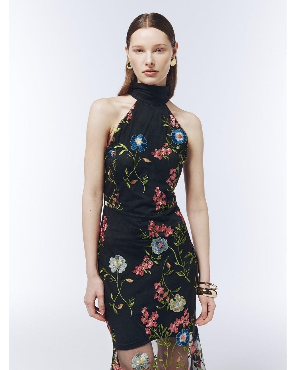 Sour Figs Black Floral-Embroidered Halterneck Maxi Dress