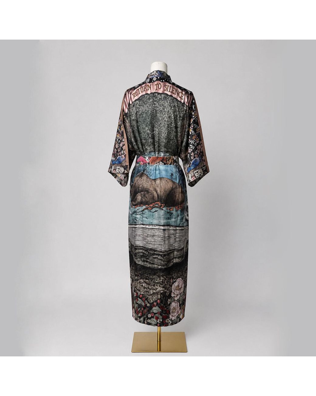 Wenzi Purple Return To Silence Double Sided Mulberry Silk Kimono Robe Reversible Luxury Floral Bear Bird Print Long Robe