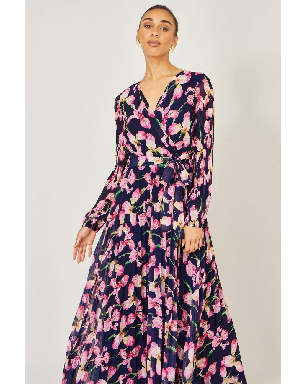 Yumi Orchid Floral Pleated Wrap Maxi Dress In Purple Lyst