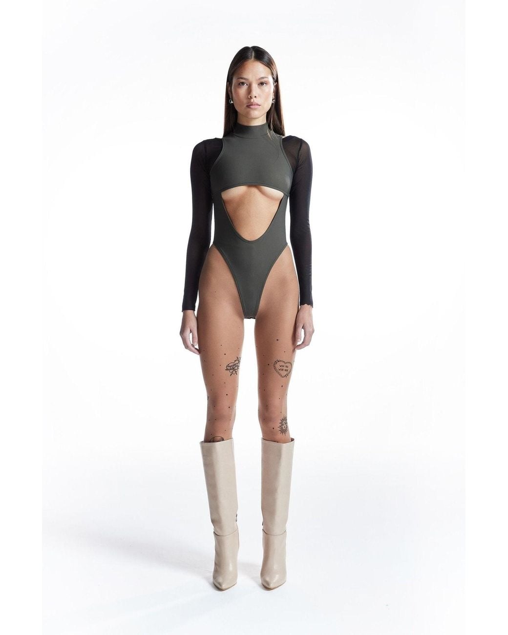 No'design Black Long Sleeve Cut-Out Khaki Bodysuit
