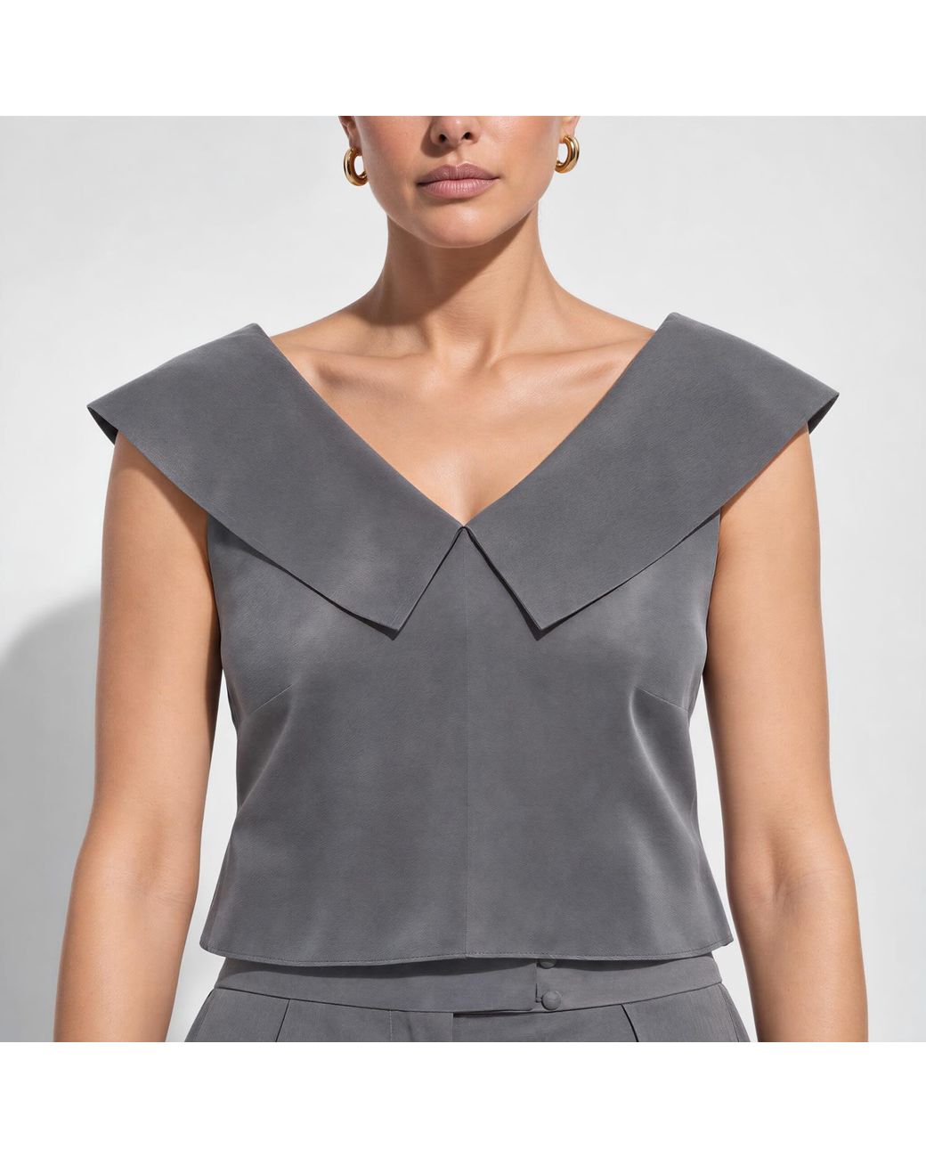 Femponiq Gray Off Shoulder Collared Crop Top