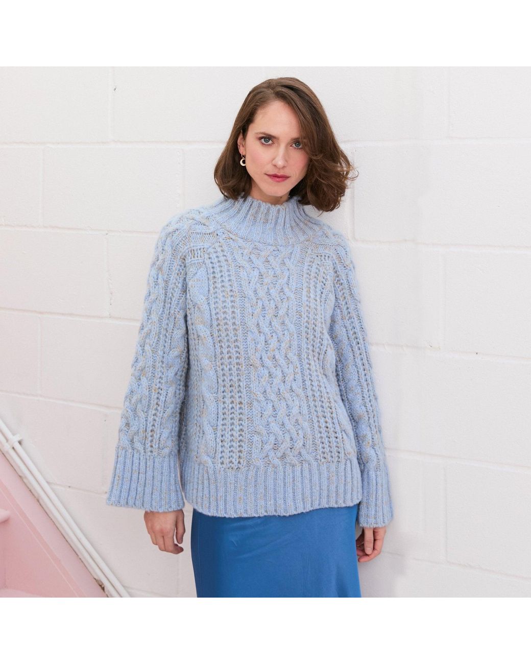 Cara & The Sky Blue Sarah High Neck Cable Wide Sleeve Jumper