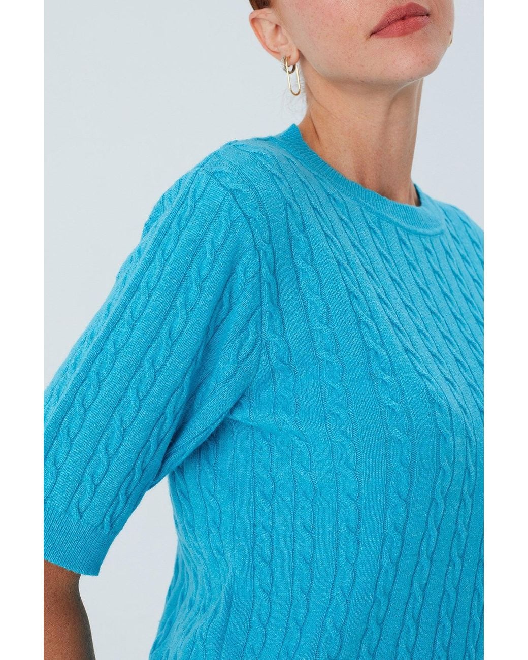 Peraluna Blue Nicole Cable Knit Cashmere Blend Short Sleeve Blouse