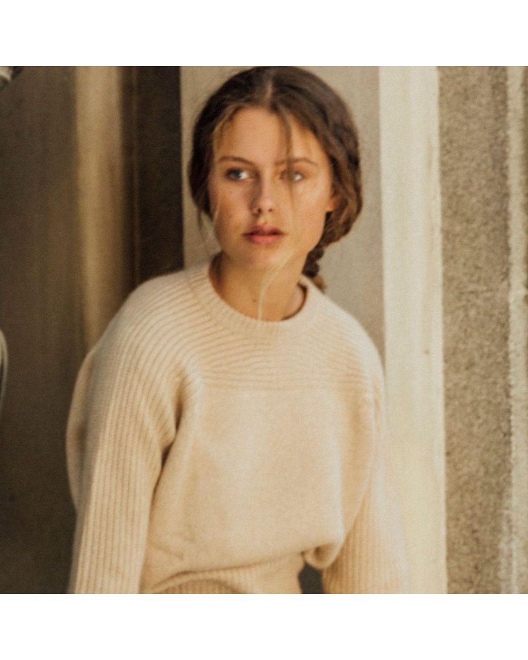 Bel Cashmere Gray Neutrals Ribbed Sleeves Organic Cashmere Sweater