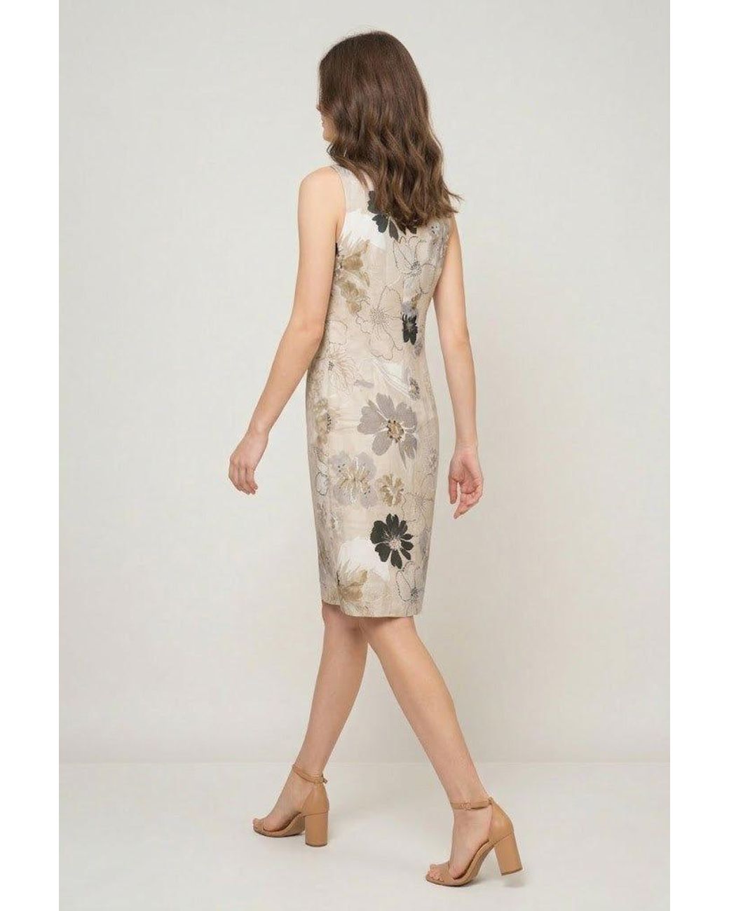 Conquista White Neutrals Floral Print Cotton Poplin Dress With Hidden Side Zipper