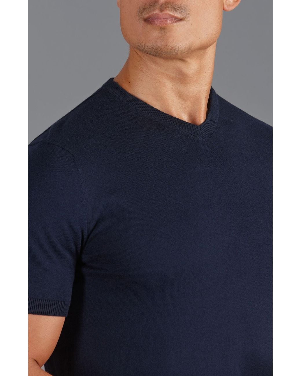 Paul James Knitwear Blue Ultra Fine Cotton Hudson High V Neck Knitted T-Shirt for men
