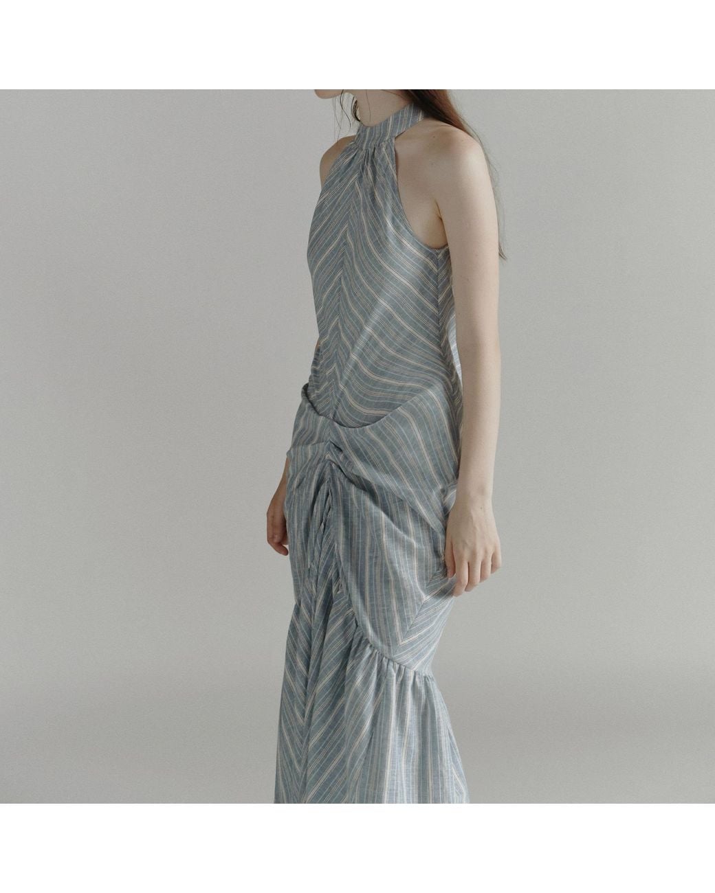 Belsize25 Blue Striped Halterneck Ruched Maxi Dress