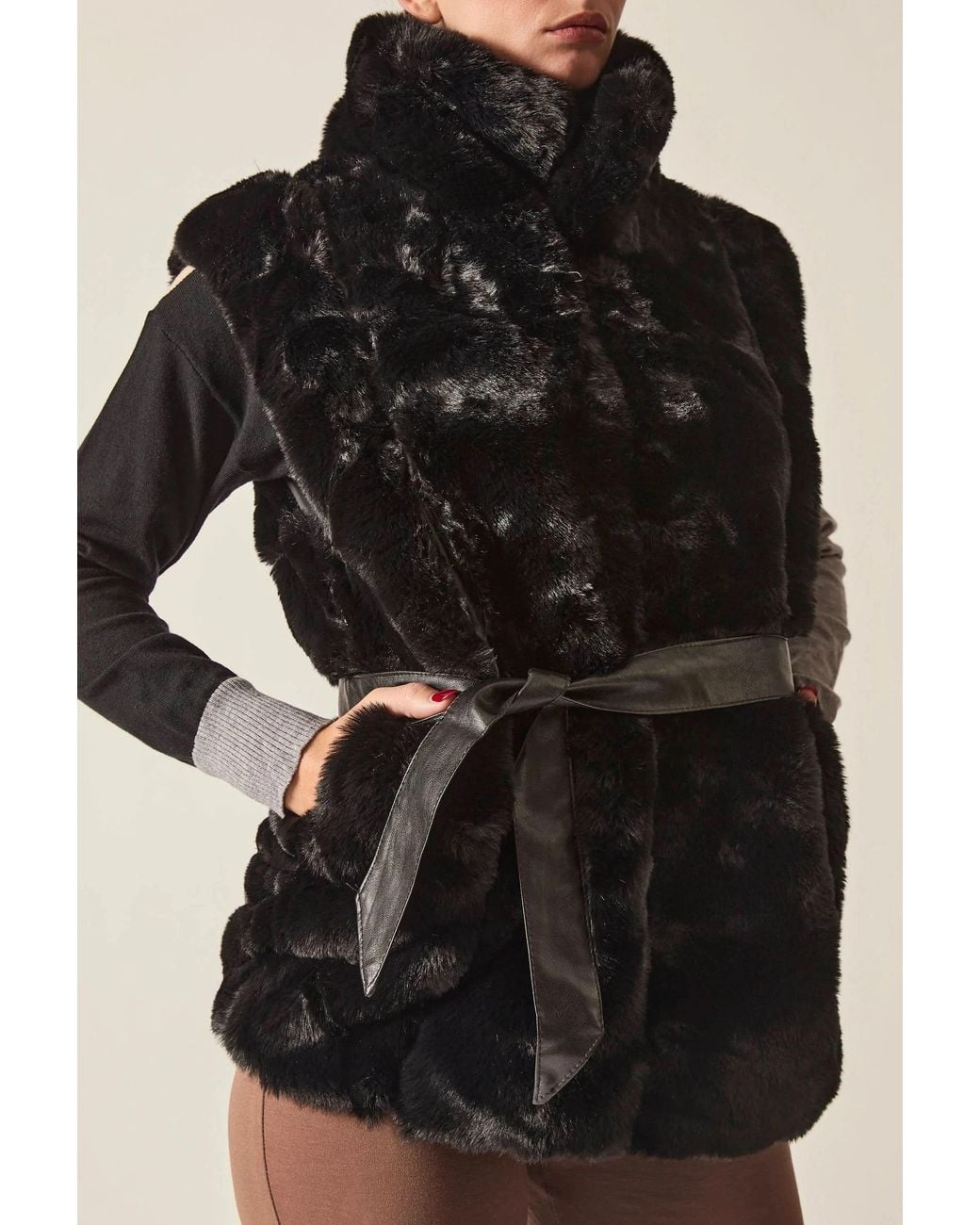 James Lakeland Black Faux-Fur Belted Gilet