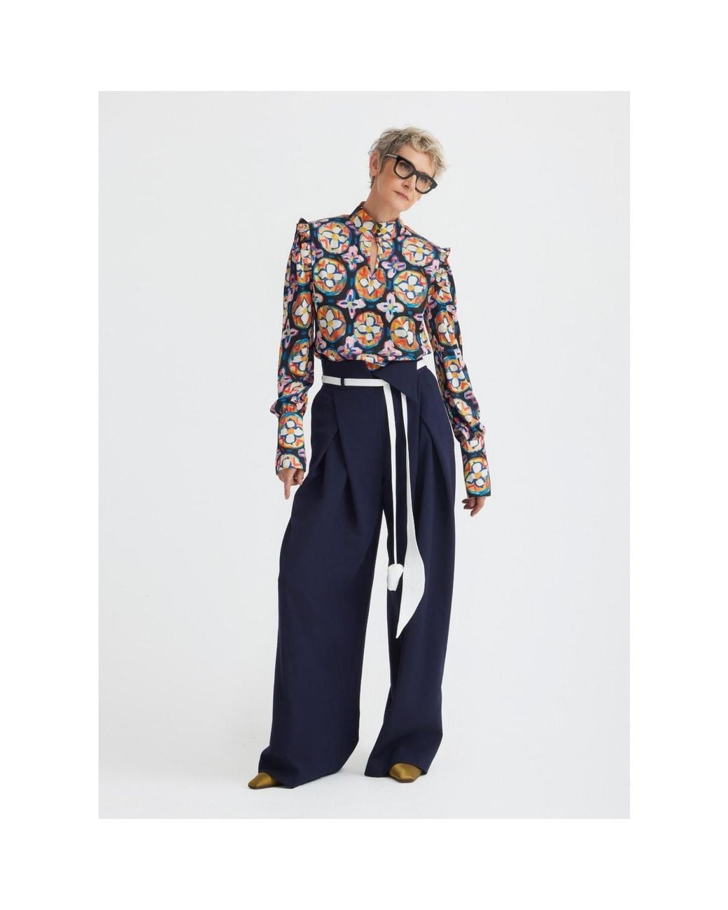 Julia Allert Multicolor Designer Satin Blouse With Bishop Sleeves And Stand Collar – Print