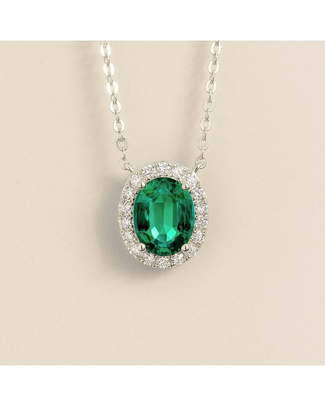 Juvetti Green Mina Oval Emerald & Diamond Halo Necklace