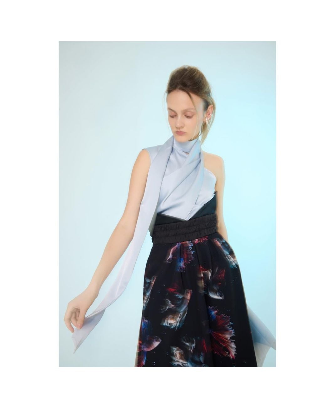 Julia Allert Blue Asymmetrical Satin Top With Choker Collar Light