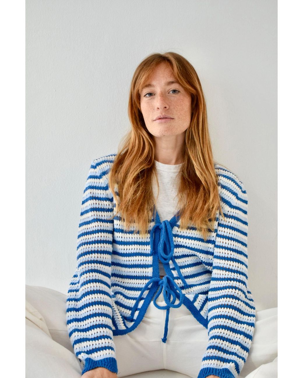 Mind Traveler Blue Striped Open-Knit Tie-Front Cardigan