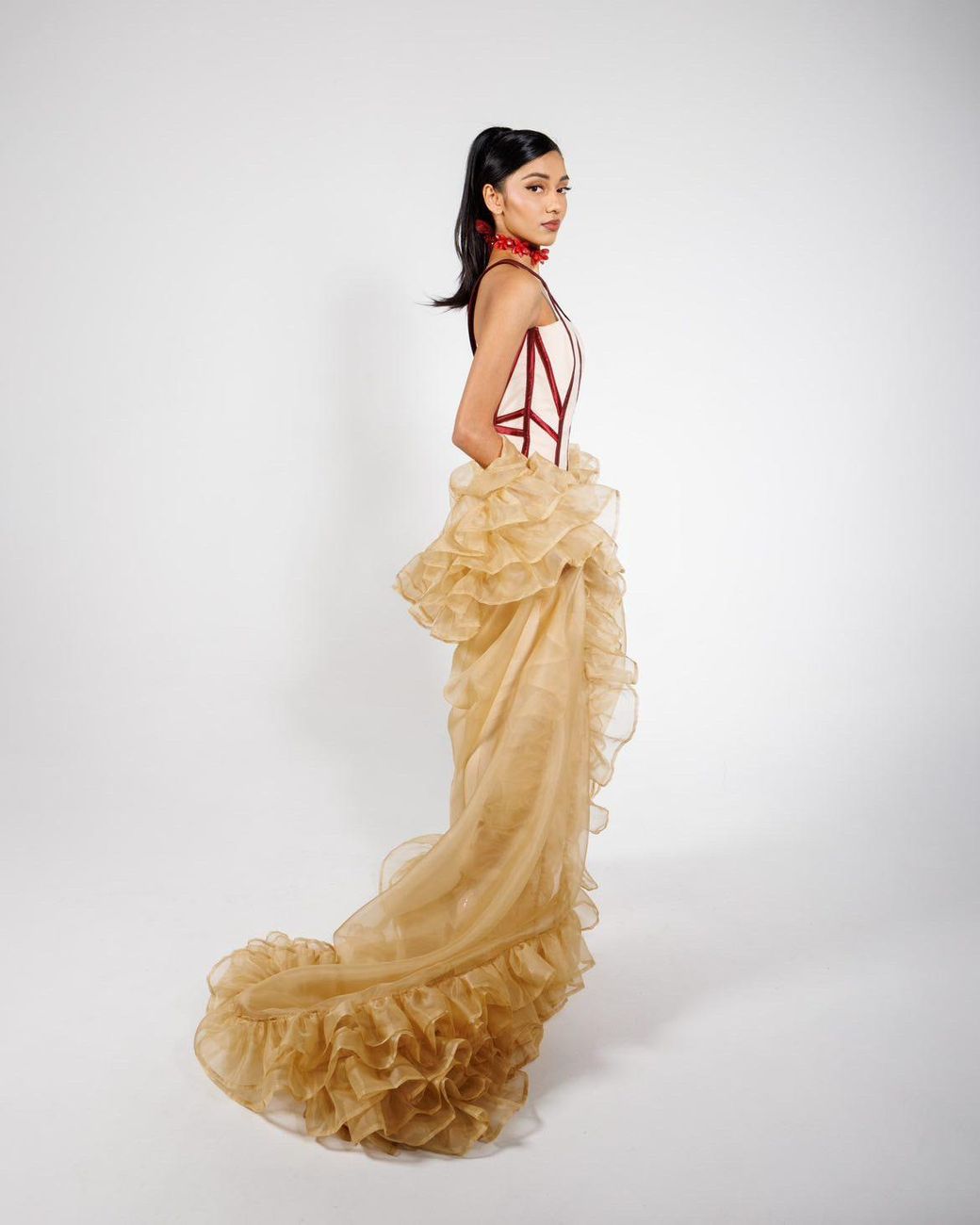Jane Gala Metallic Neutrals Nude Silk Organza Hand-Beaded Ruffled Cape