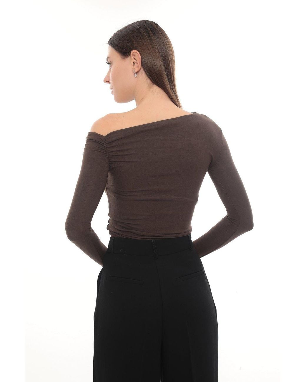 Monlicia Brown Asymmetric Off-Shoulder Long Sleeve Stretch Lune Top