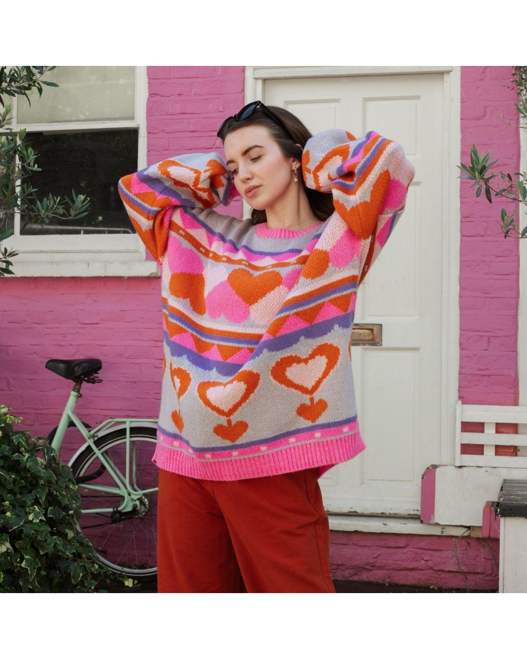 Cara & The Sky Pink Poppy Heart Intarsia Balloon Sleeve Oversized Jumper