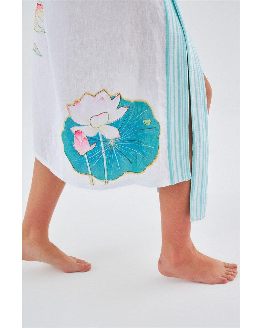Peraluna Blue Lotus Flower And Fish Applique Linen Kimono