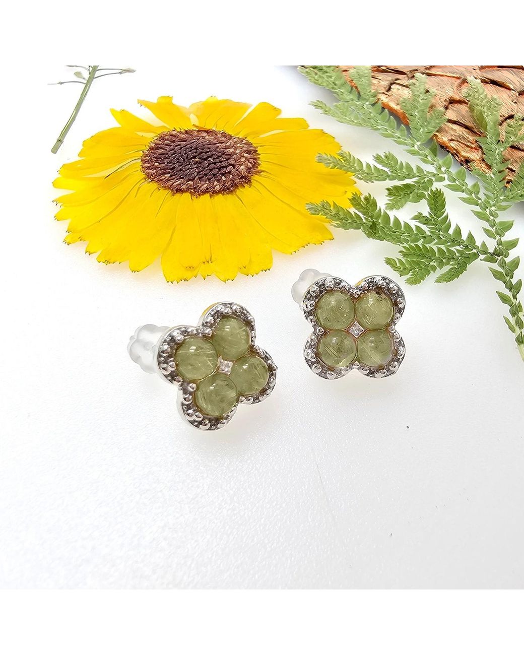 Farra Green Minimalist Flower Shaped Prehnite Stud Earrings