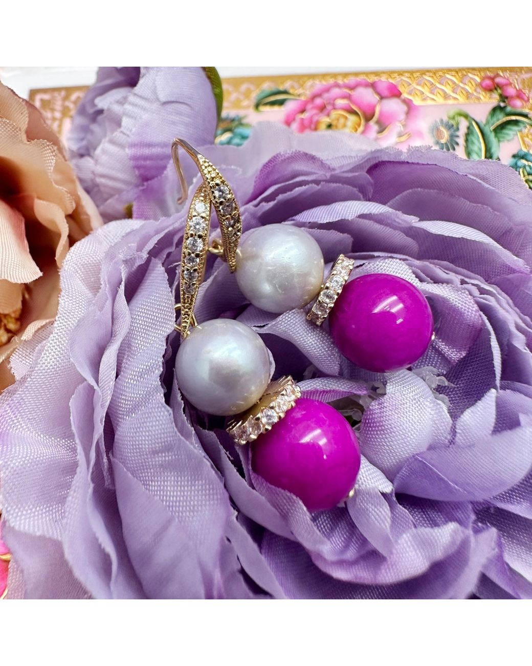 Farra Purple Freshwater Pearls With Gemstone Earrings