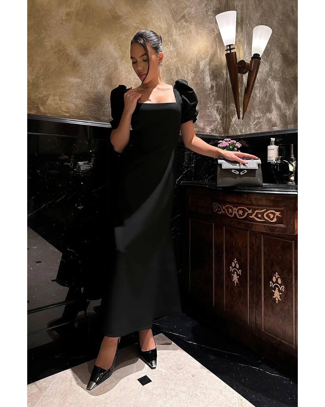POST MERIDIEM Black Godet Silhouette Square Neck Midi Dress