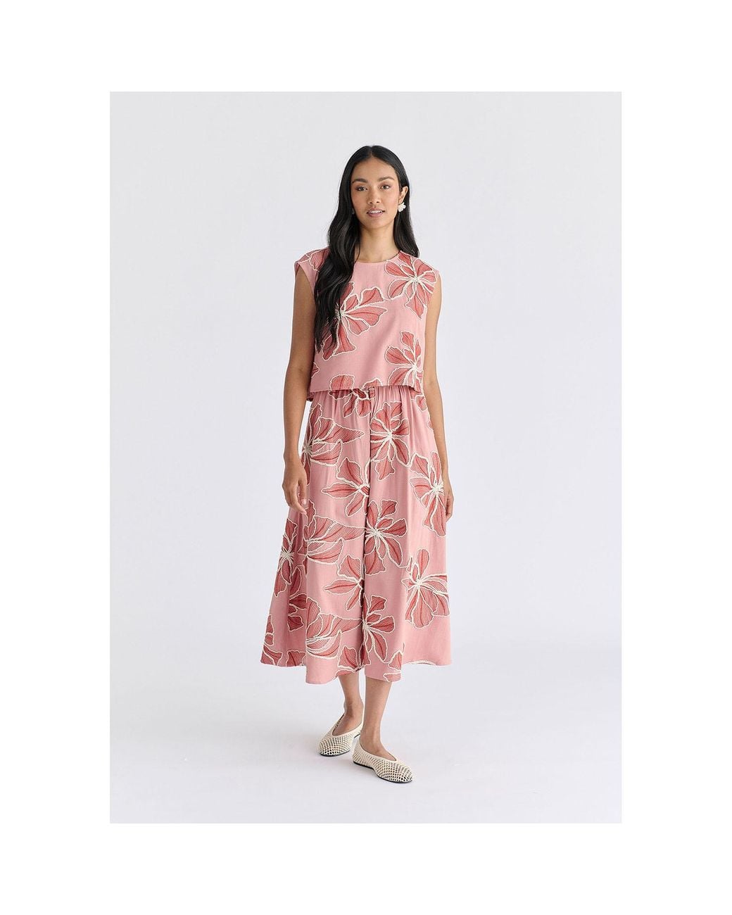 Paisie Pink Floral Embroidered Midi Skirt