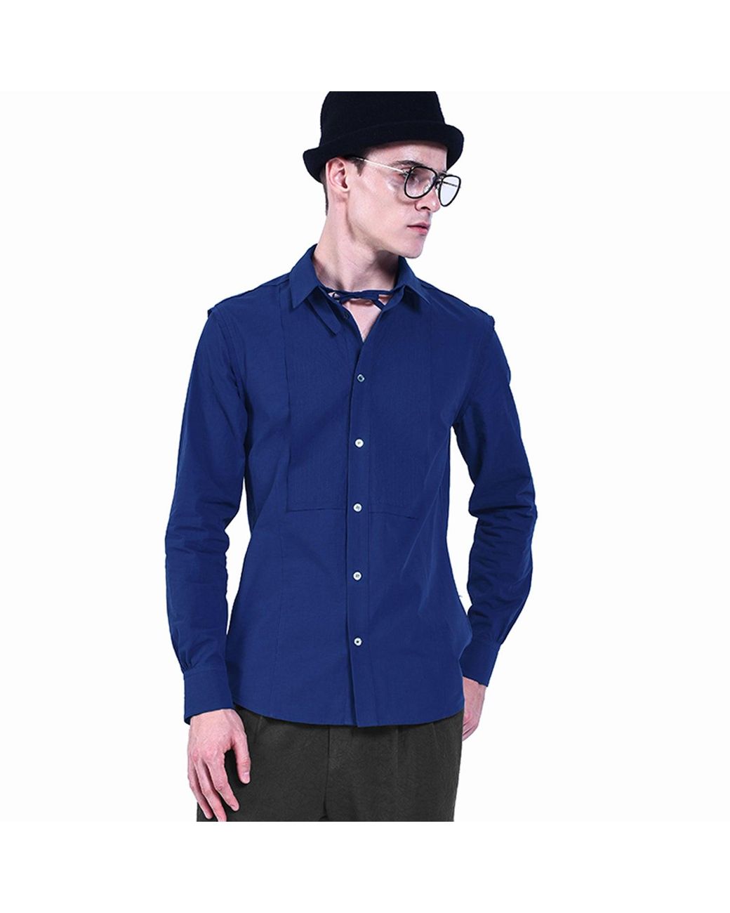 Smart and Joy Blue Shirt With Topstitched Bib And Removable Collar for men