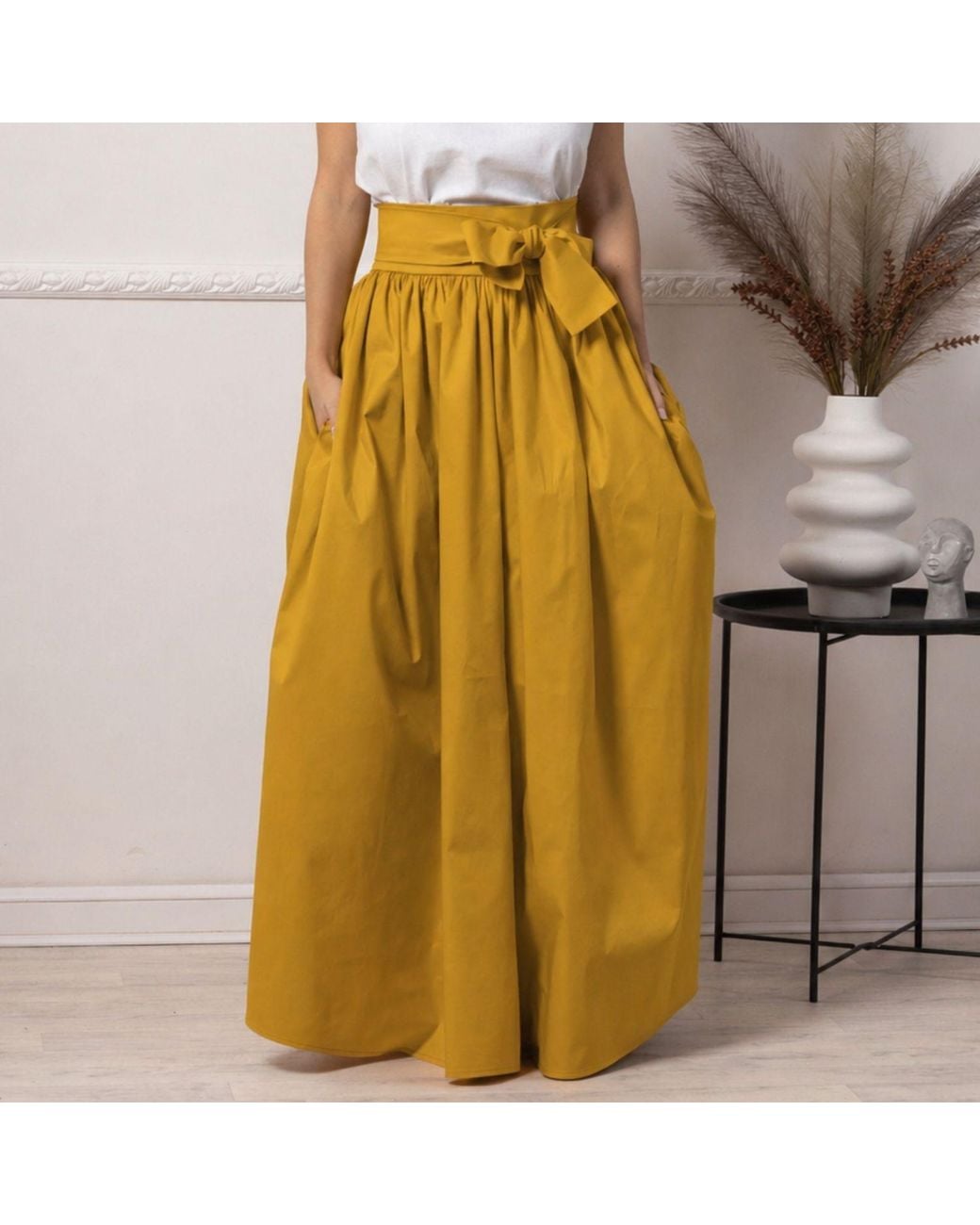 Nikka Place Yellow Floor Length Summer Skirt With Pockets And Bow