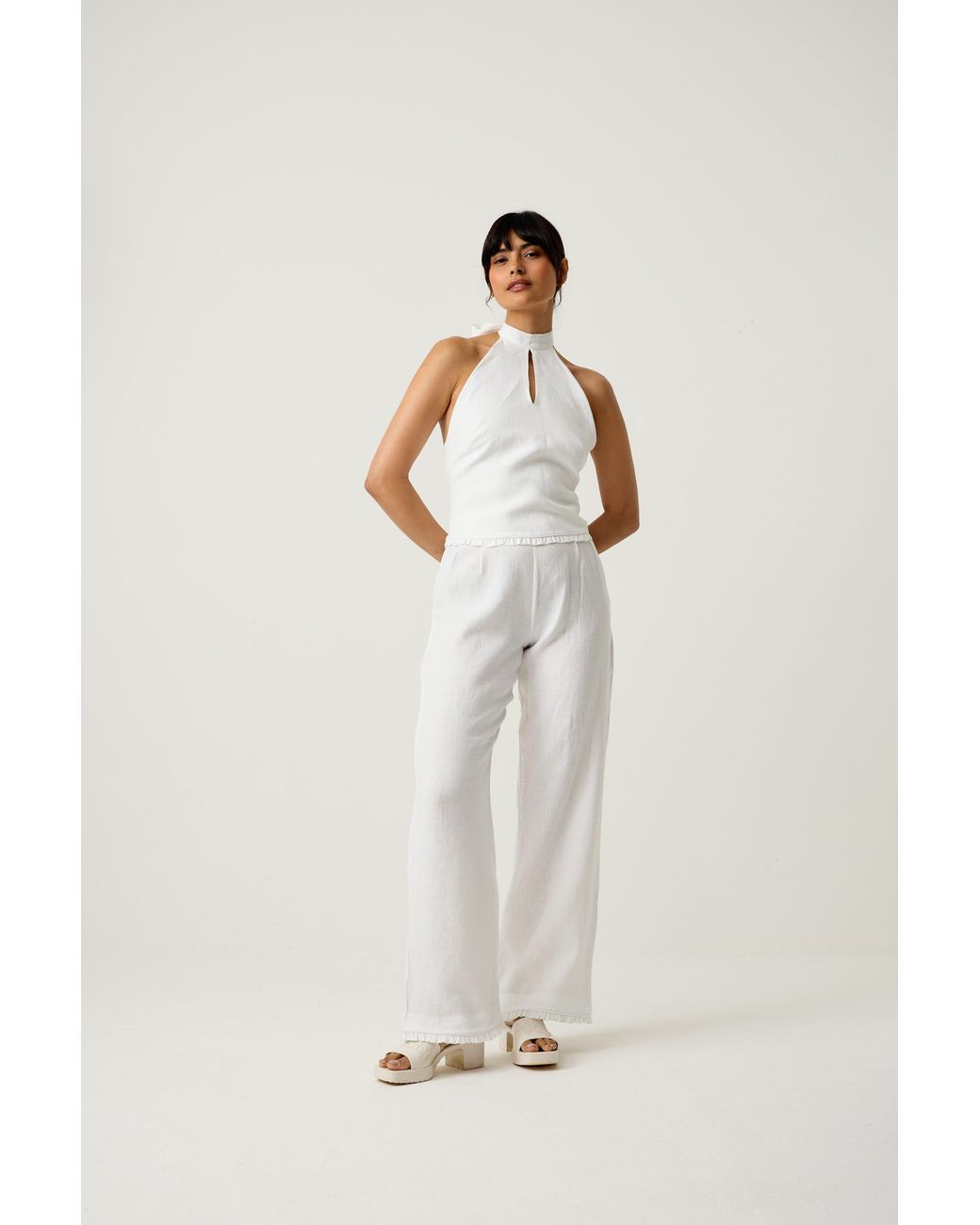 Imaura White Btw Linen Halter Top