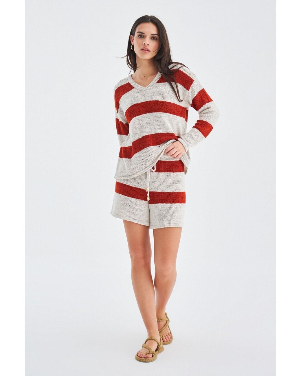 Peraluna Red Siena Knitted Striped Blouse & Shorts Matching Set