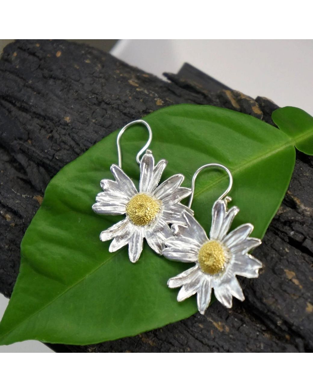 Mother Nature Jewelry Metallic Daisy Flower Earrings, & Sterling Handmade Dangles