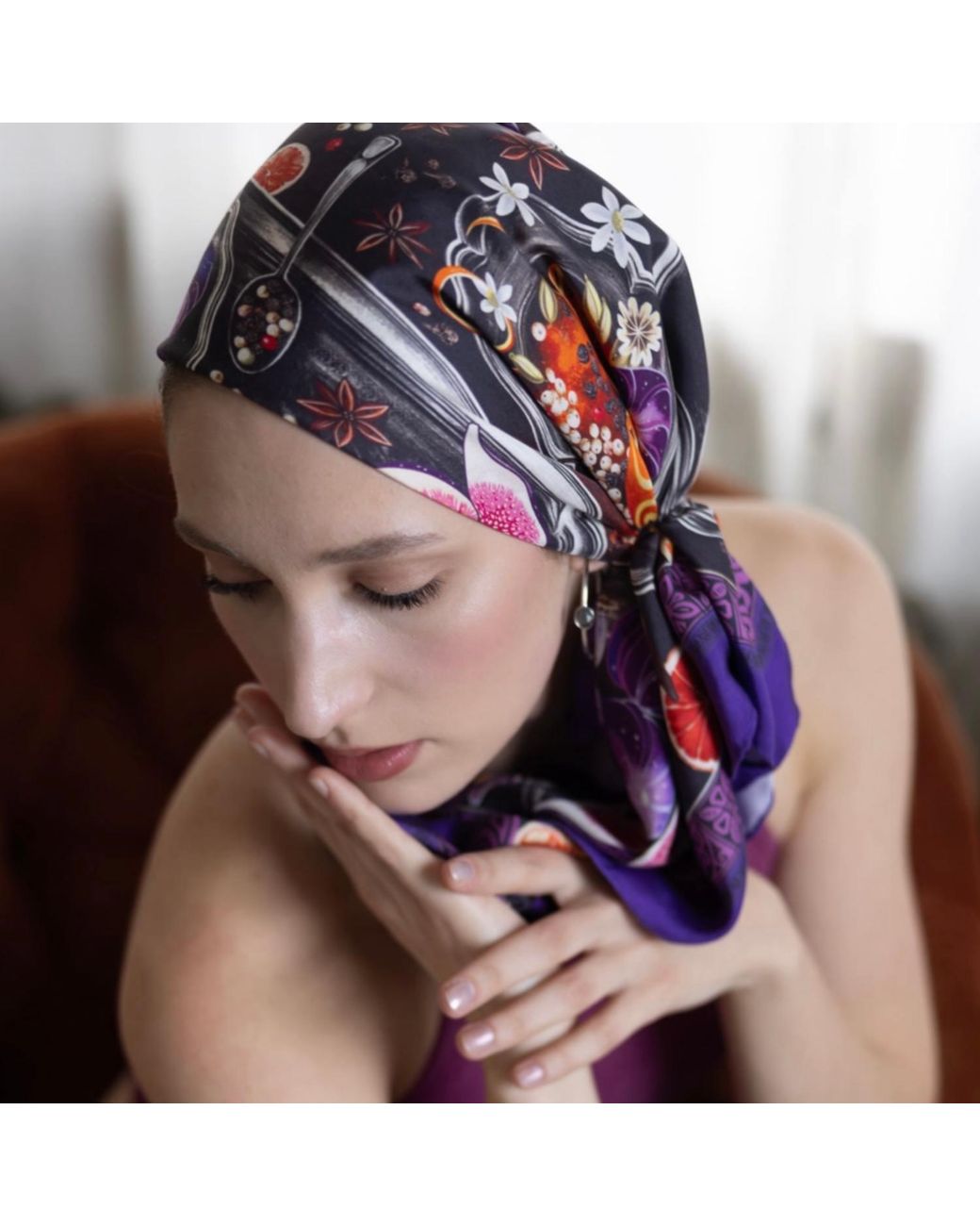 Silk&Soul Purple Square Silk Scarf Spices