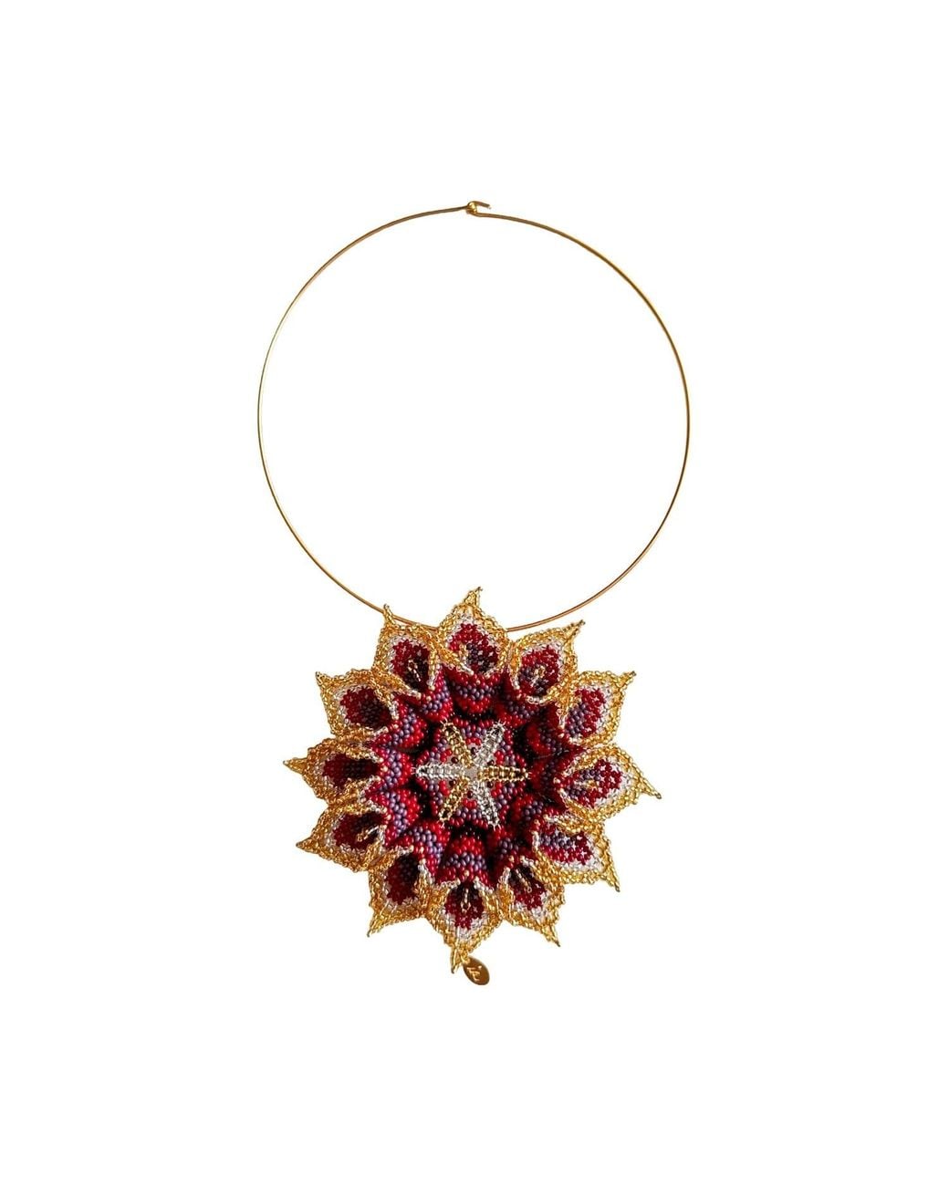 Iliana Arrazola Red Dahlia Flower Choker, Glass Beads, Beaded Jewelry