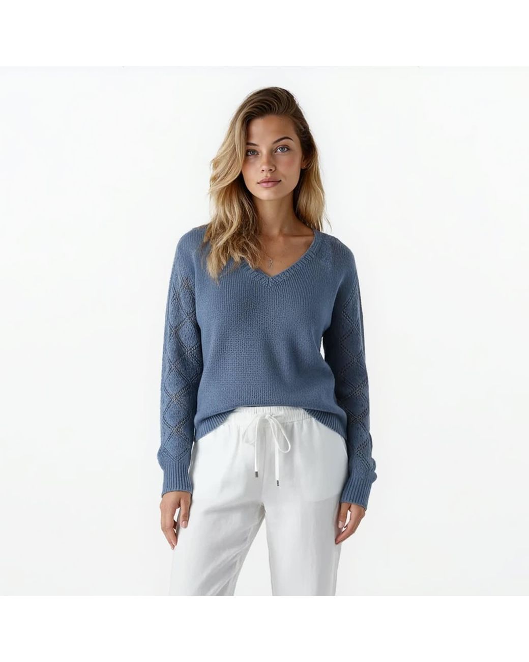 Haris Cotton Blue Knit Sweater With Embroidered Sleeves Denim
