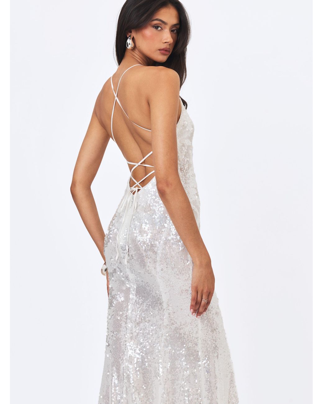 Miss Circle New York White Cameron Sequin Scoop Neck Mermaid Maxi Dress