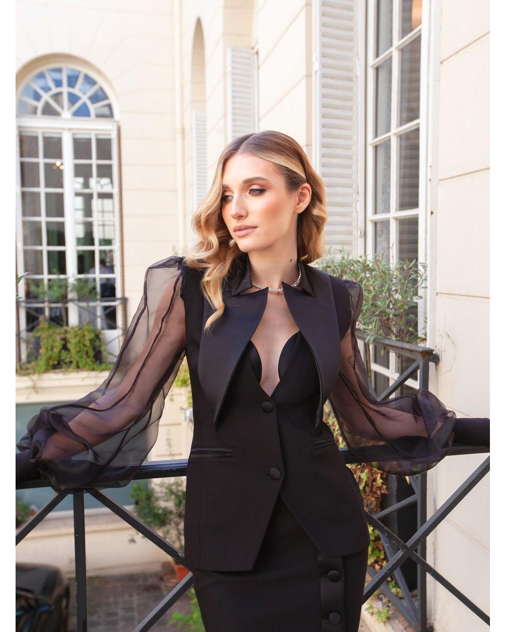 Tia Dorraine Black Femme Fatale Tailored Blazer With Organza Sleeves & Skirt Set