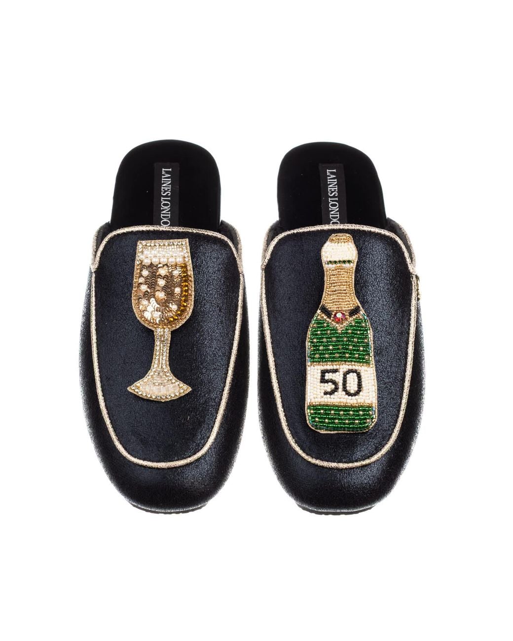 Laines London Black Classic Mules With Milestone 50Th Birthday Champagne Brooches