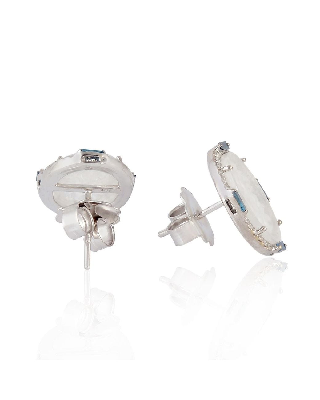 Artisan Metallic White Gold Diamond Jade Victorian Carving Stud Earrings Handmade Jewelry