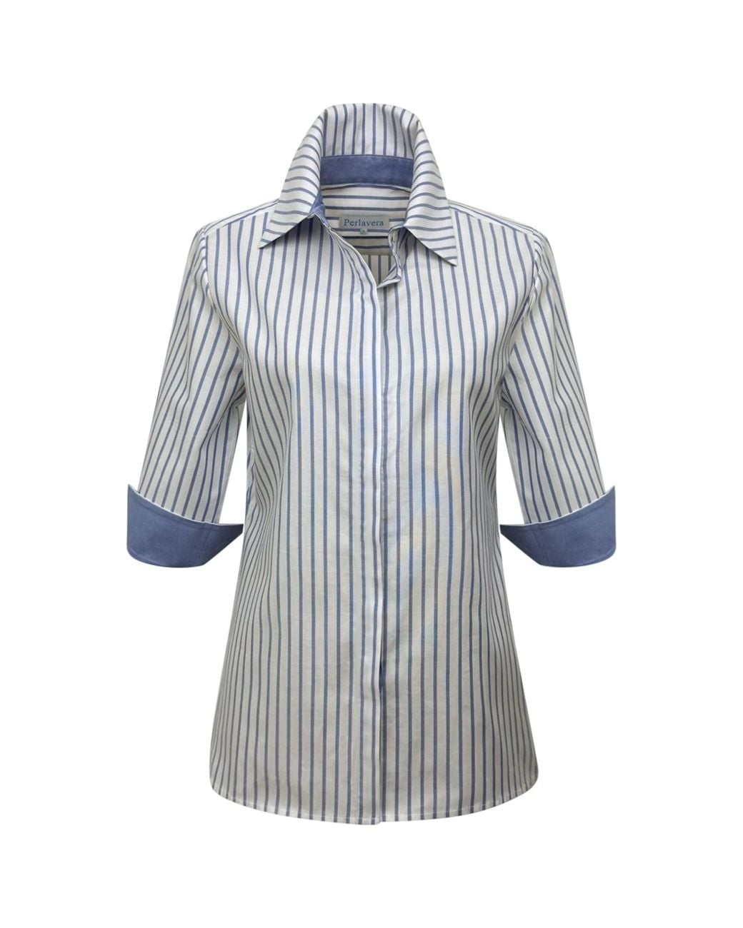 Perlavera Blue Sam Jeans Stripe Hidden Placket Three Quarter Sleeve Slim Fit Cotton Oxford Shirt
