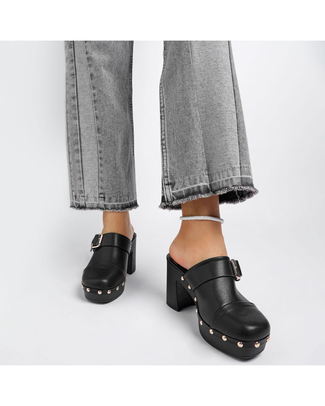Rag & Co Black Septim Genuine Leather Studded Clog Heels